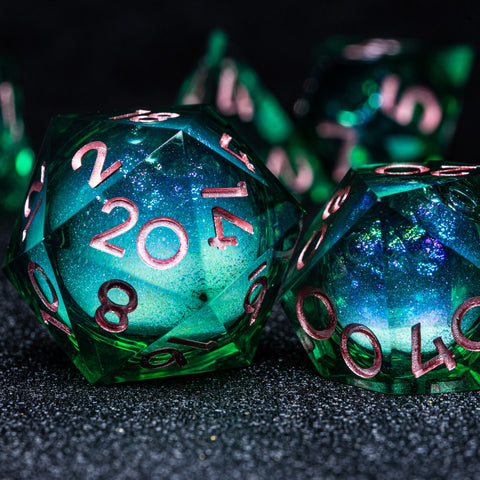 URWizards D&D Starry Liquid Heart Resin Engraved Dice Set Emerald - Urwizards
