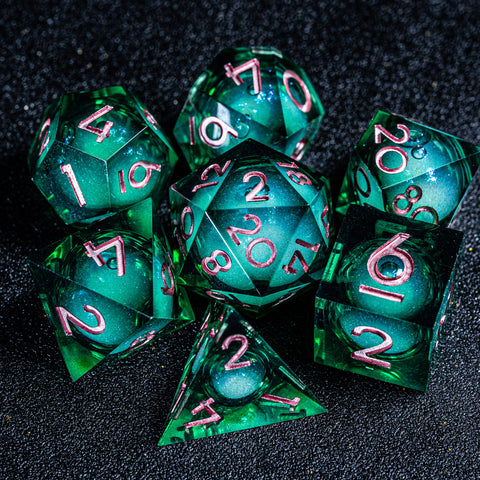 URWizards D&D Starry Liquid Heart Resin Engraved Dice Set Emerald - Urwizards