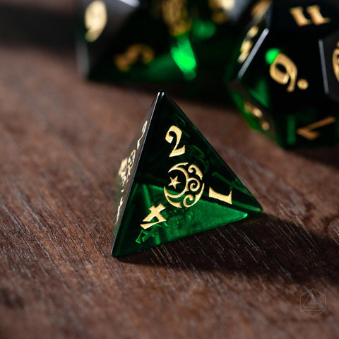 URWizards Dnd Emerald Glass Engraved Dice Set Moon Star Style - Urwizards