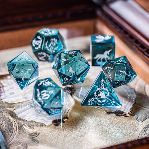 URWizards Dnd Blue Tourmaline Engraved Dice Set Unicorn Style - Urwizards