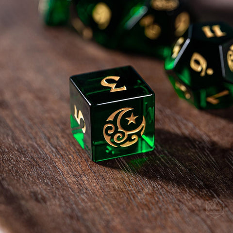 URWizards Dnd Emerald Glass Engraved Dice Set Moon Star Style - Urwizards