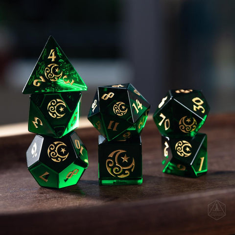 URWizards Dnd Emerald Glass Engraved Dice Set Moon Star Style - Urwizards
