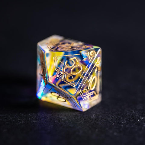 URWizards Dnd Dichroic Glass Engraved Dice Set Astrology Gold Inked - Urwizards