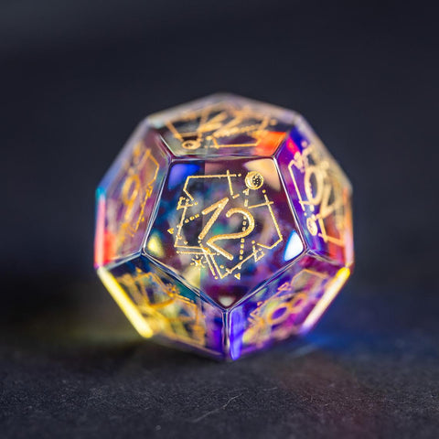 URWizards Dnd Dichroic Glass Engraved Dice Set Astrology Gold Inked - Urwizards