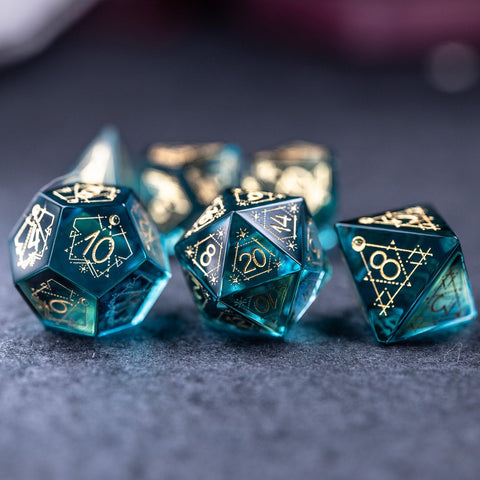 URWizards Dnd Blue Glass Engraved Dice Set Astrology Style - Urwizards
