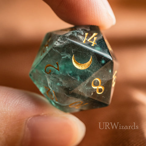 URWizards Dnd Engraved Green Fluorite D20 Dice Moon Style - Urwizards