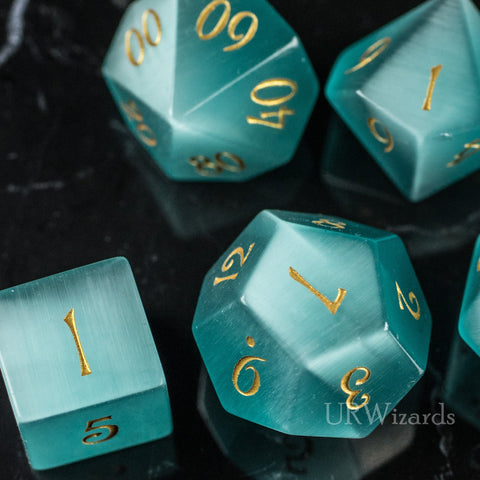 URWizards Dnd Aquamarine Cat's Eye Gemstone Engraved Dice Set - Urwizards
