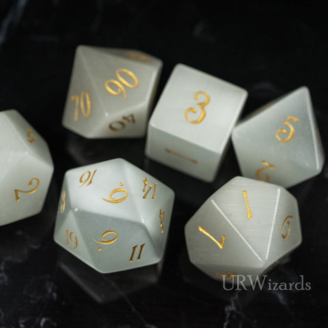 URWizards Dnd White Cat's Eye Gemstone Engraved Dice Set - Urwizards
