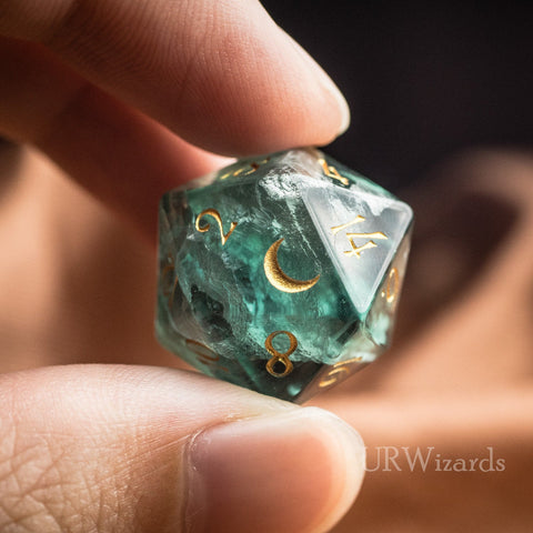 URWizards Dnd Green Fluorite Gemstone Engraved Dice Set Moon Style - Urwizards