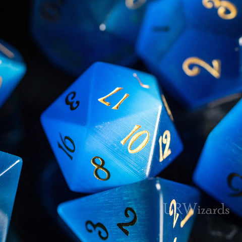 URWizards Dnd Blue Cat's Eye Gemstone Engraved Dice Set - Urwizards