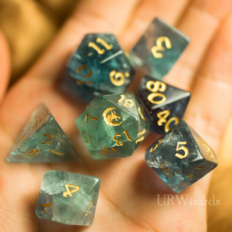 URWizards Dnd Green Fluorite Gemstone Engraved Dice Set Dragon Style - Urwizards