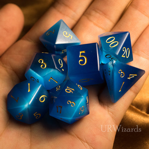 URWizards Dnd Blue Cat's Eye Gemstone Engraved Dice Set - Urwizards