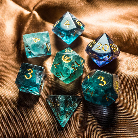URWizards Dnd Green Fluorite Gemstone Engraved Dice Set Dragon Style - Urwizards