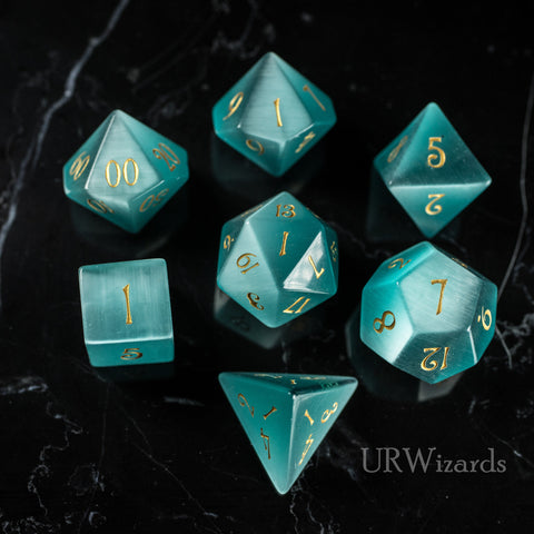 URWizards Dnd Aquamarine Cat's Eye Gemstone Engraved Dice Set - Urwizards