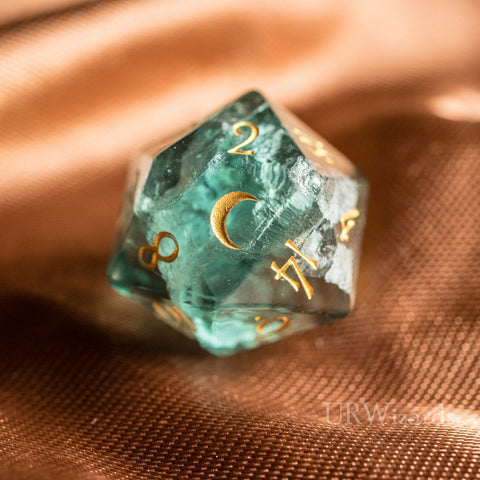URWizards Dnd Green Fluorite Gemstone Engraved Dice Set Moon Style - Urwizards
