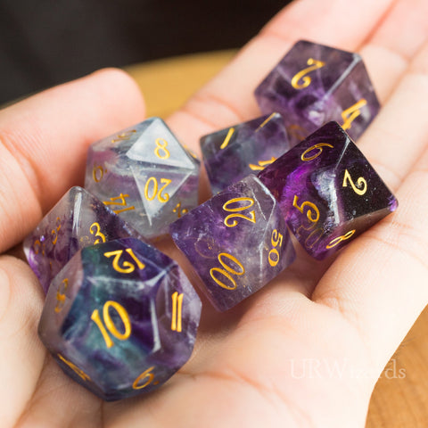 URWizards Dnd Purple Fluorite Gemstone Engraved Dice Set - Urwizards