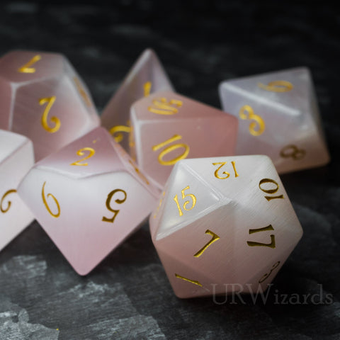 URWizards Dnd Pink Cat's Eye Gemstone Engraved Dice Set - Urwizards