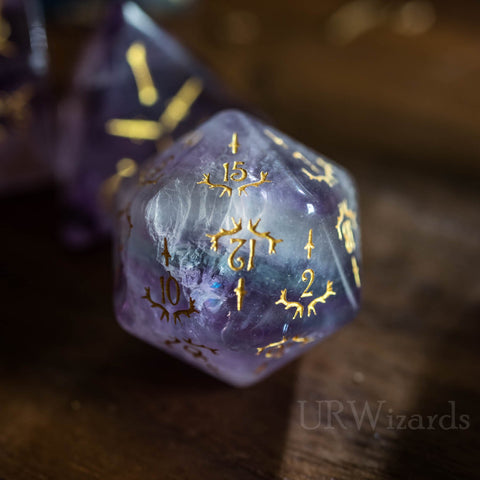 URWizards Dnd Purple Fluorite Gemstone Engraved Dice Set Dagger Rogue Style - Urwizards