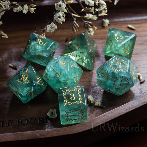 URWizards Dnd Green Fluorite Gemstone Engraved Dice Set Dagger Rogue Style - Urwizards