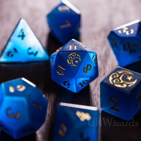 URWizards Dnd Blue Cat's Eye Engraved Dice Set Moon Star Style - Urwizards
