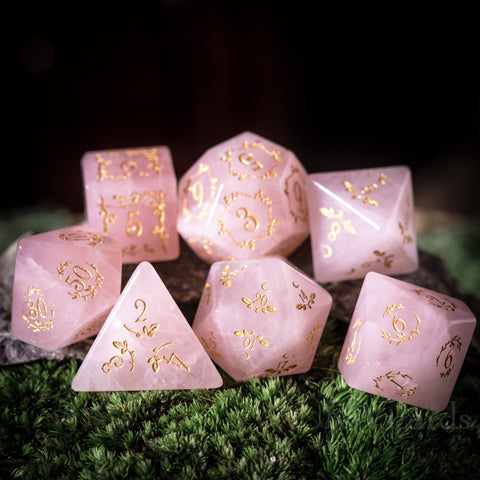 URWizards Dnd Rose Quartz Gemstone Engraved Dice Set Plant Vine Style - Urwizards