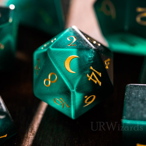 URWizards Dnd Green Cat's Eye Engraved Dice Set Moon Style - Urwizards