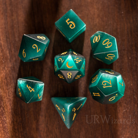 URWizards Dnd Green Cat's Eye Engraved Dice Set Moon Style - Urwizards
