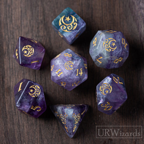 Dnd Purple Fluorite Gemstone Engraved Dice Set Moon & Star Style - Urwizards