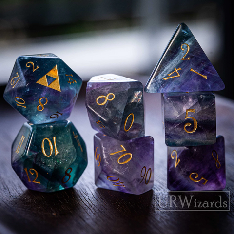 Dnd Purple Fluorite Gemstone Engraved Dice Set Triforce Style - Urwizards