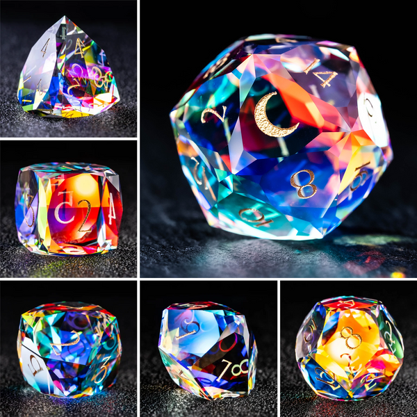 URWizards D&D Multi-faceted Prism Glass Engraved Dice Set Moon Style