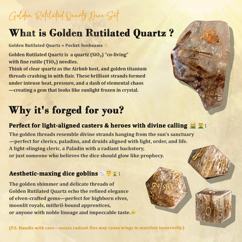 URWizards D&D Golden Rutilated Quartz Gemstone Engraved Dice Set(Limited edition)