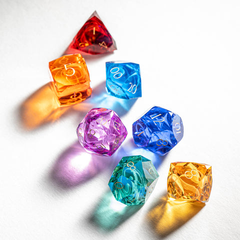Juego de dados de resina con grabado de caramelo arcoíris de URWizards D&amp;D, estilo multifacético