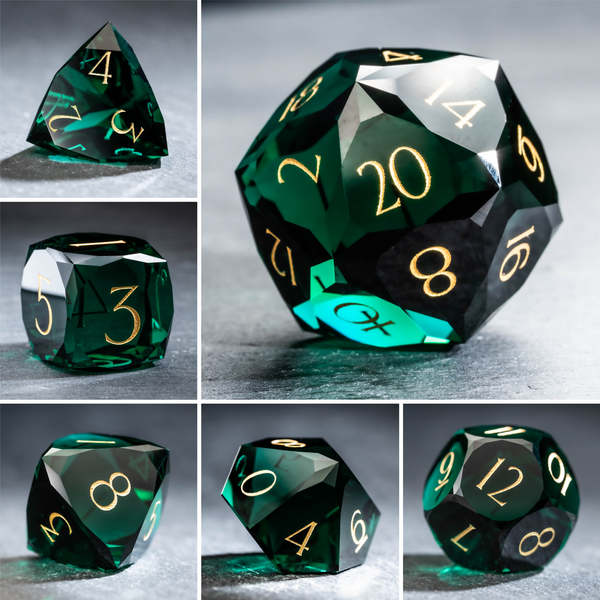 a green and black dice with numbers on it