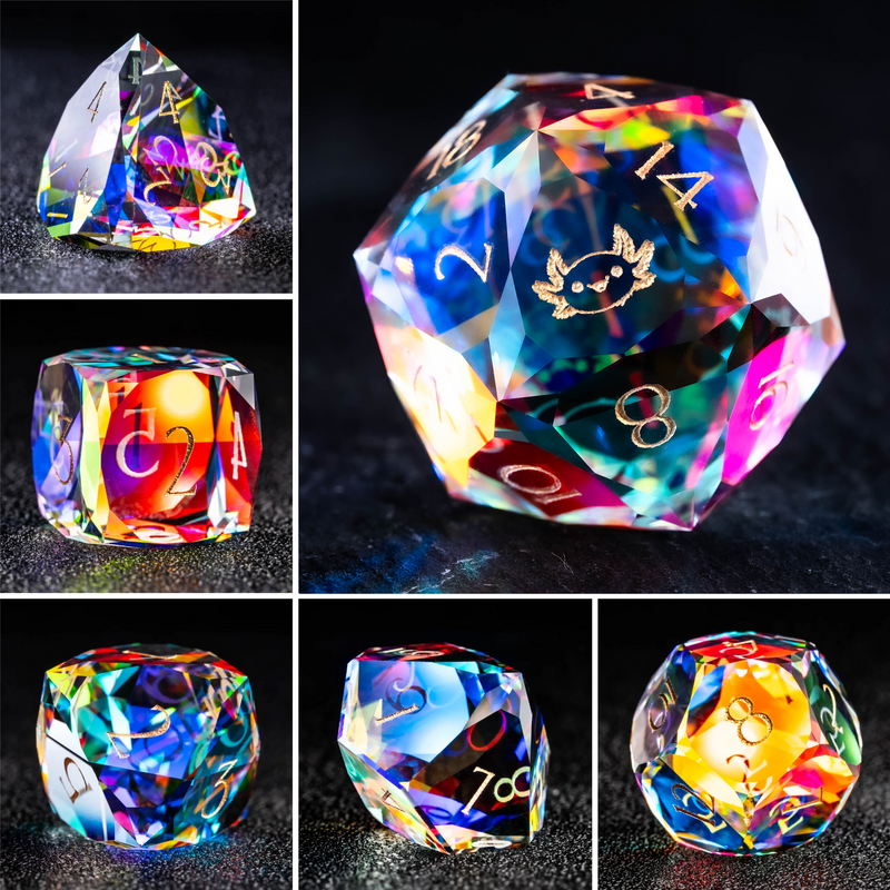 URWizards D&D Multi-faceted Prism Glass Engraved Dice Set Axolotl Style