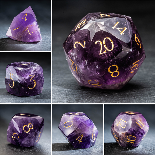 a purple dice with gold numbers on it