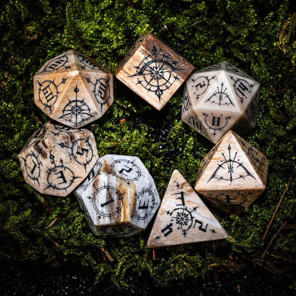 URWizards D&D Petrified Wood Gemstone Engraved Dice Set Bow of Elven