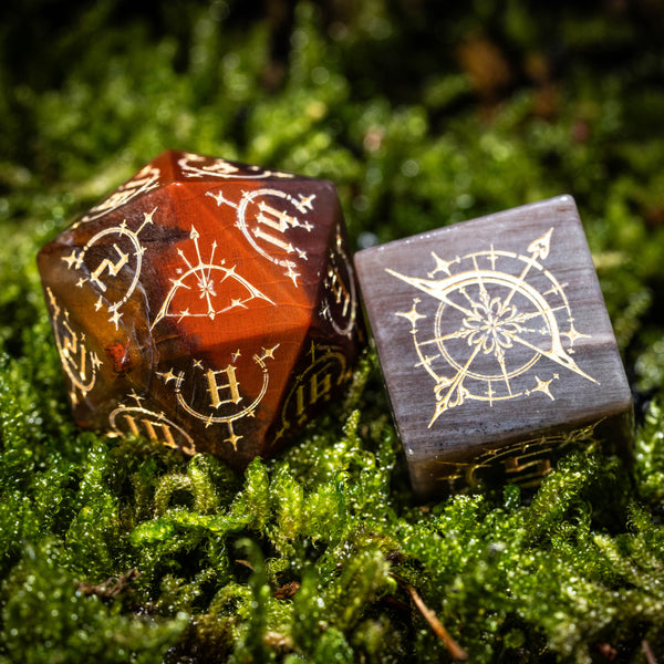 URWizards D&D Petrified Wood Gemstone Engraved Dice Set Bow of Elven