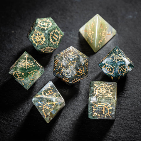 URWizards D&D Moss Agate Engraved Dice Set Bow of Elven