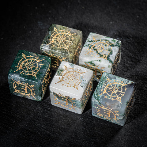 URWizards D&D Moss Agate Engraved Dice Set Bow of Elven