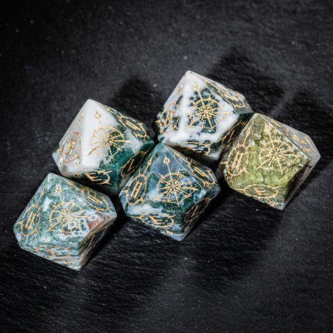 URWizards D&D Moss Agate Engraved Dice Set Bow of Elven