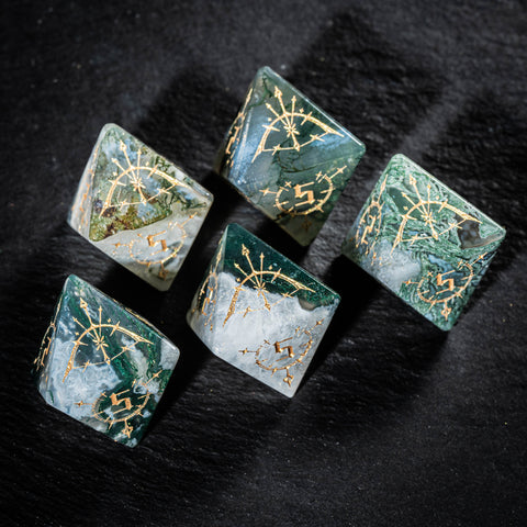 URWizards D&D Moss Agate Engraved Dice Set Bow of Elven