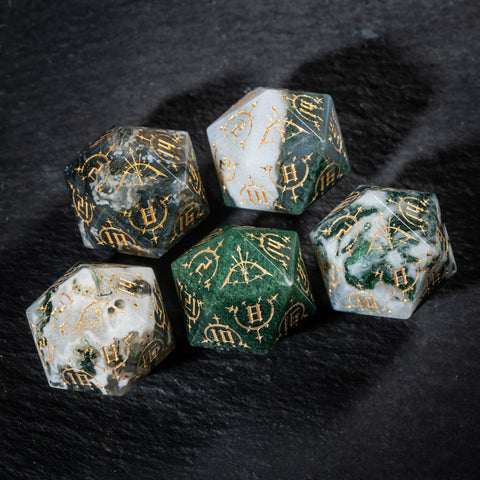 URWizards D&D Moss Agate Engraved Dice Set Bow of Elven