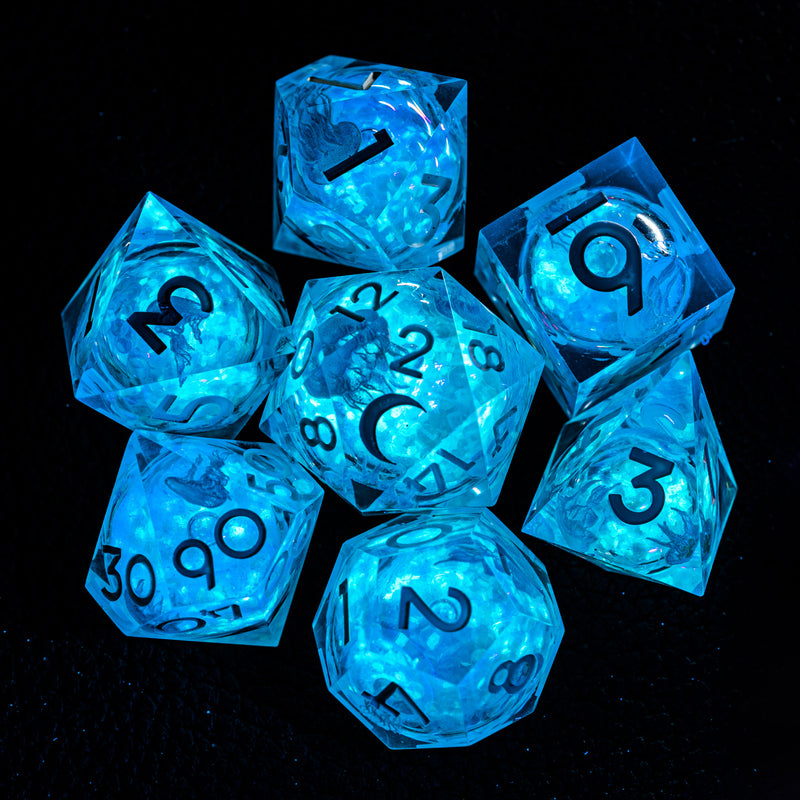 URWizards D&D Glow in the Dark Liquid Core Resin Engraved Dice Set Jellyfish - Urwizards