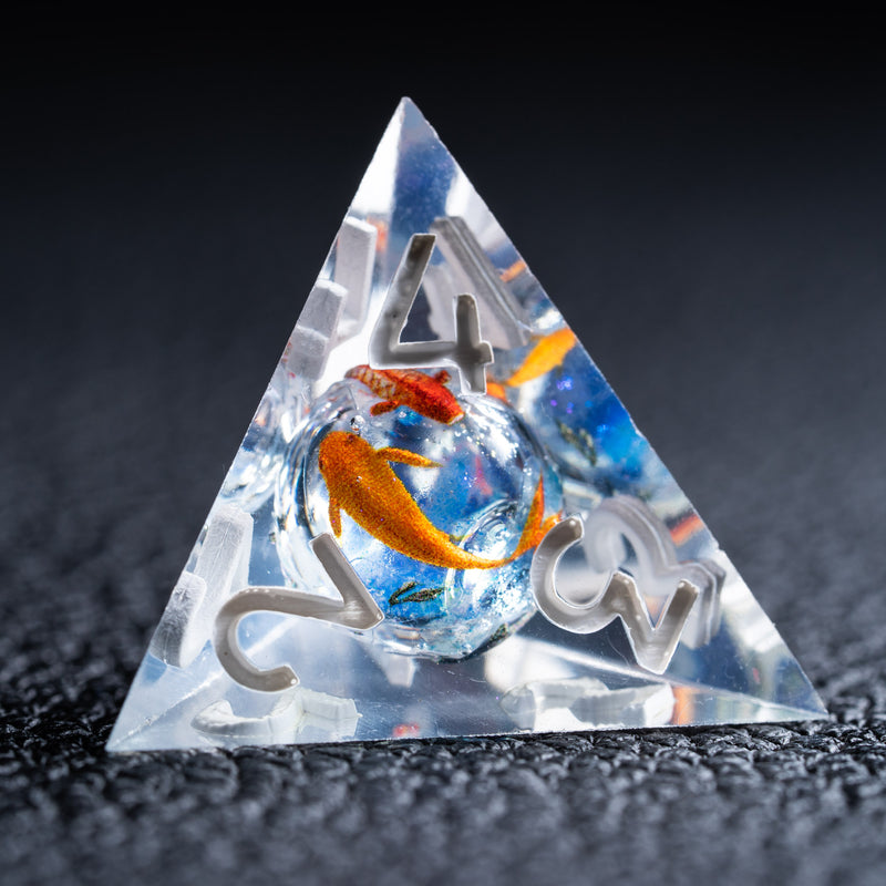 URWizards D&D Blue Liquid Heart Resin Engraved Dice Set Koi Fish - Urwizards