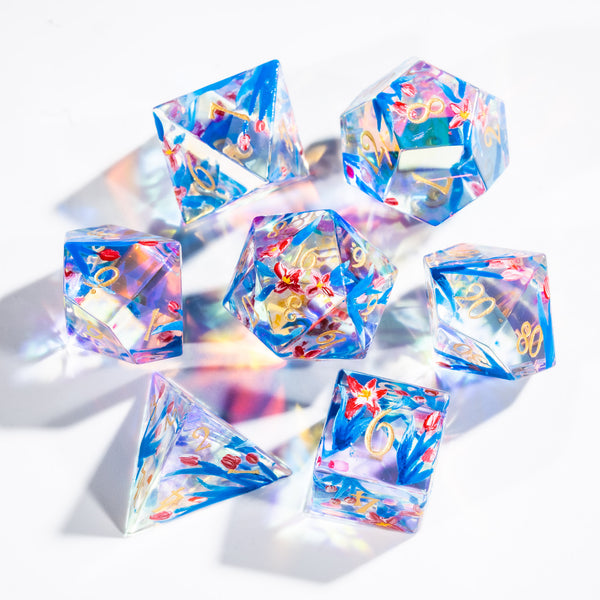 URWizards D&D Polished Prism Glass Engraved Dice Set Hand-painted Tulip - Urwizards