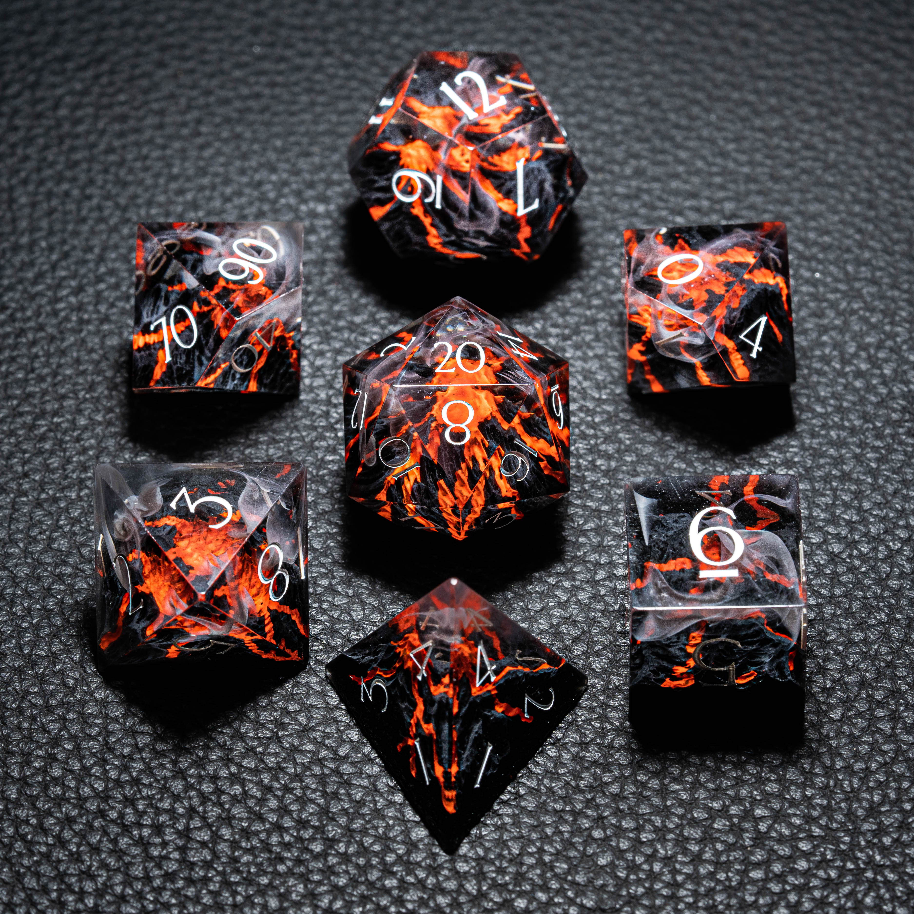 Magma Dice. Dirty Pour. 7 Dice Set. Dice. Dungeons & Dragons. cheapest Polyhedral. RPG. Handmade, Resin, Game. D20. Swirl. Volcano. Magma. Lava