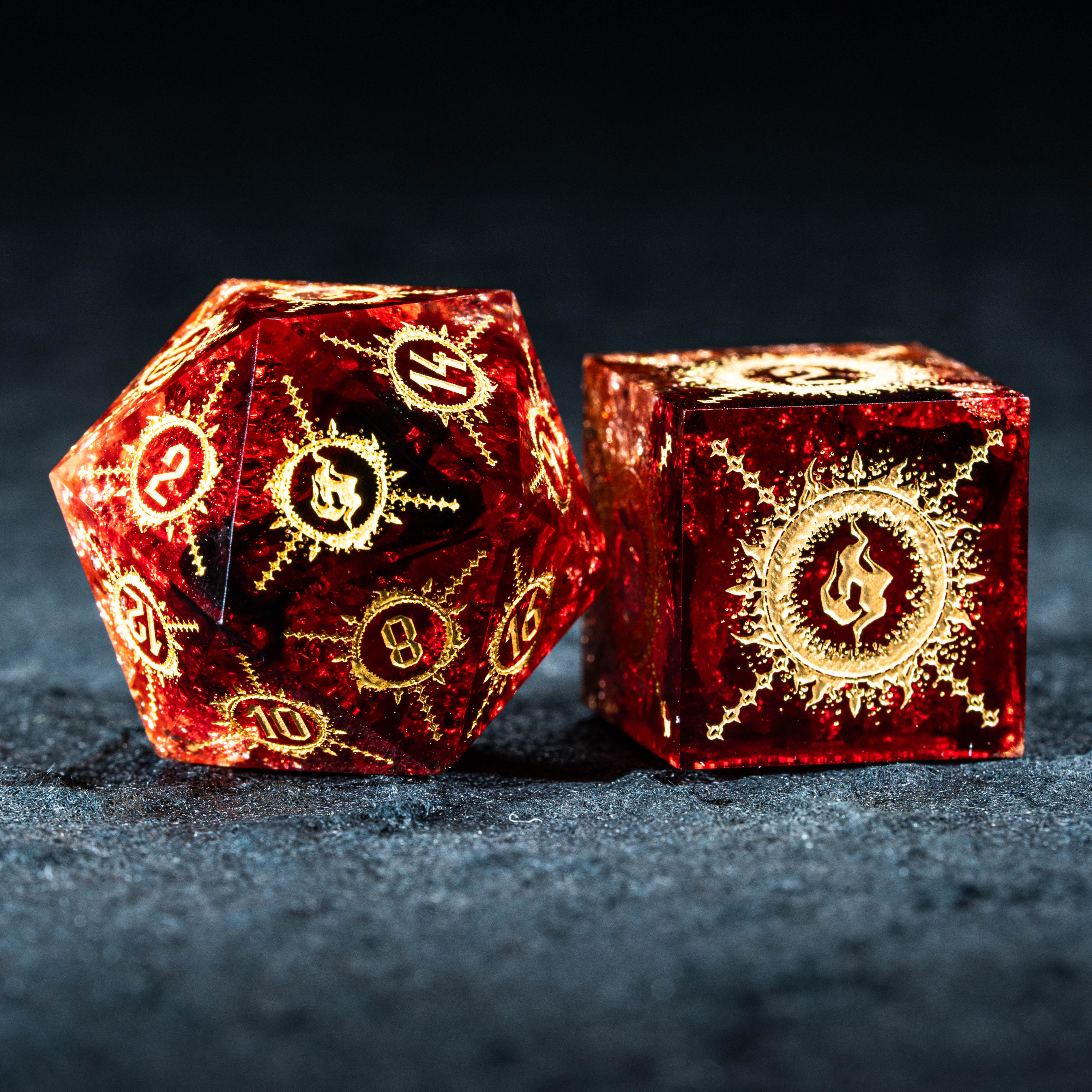 Handmade Sharp Edge Resin Dice Set -Flame Dungeon