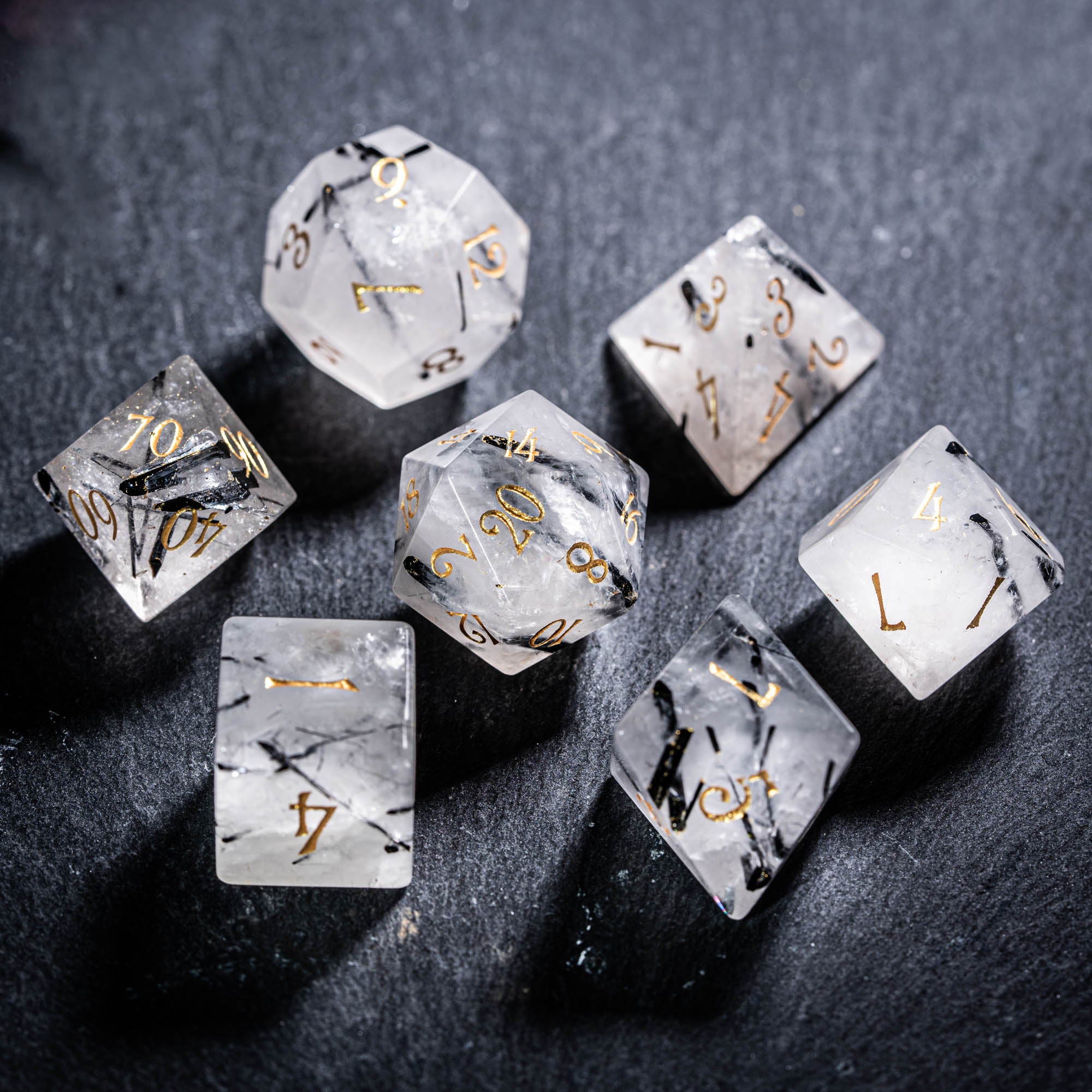 URWizards D&D Black Rutilated Quartz Gemstone Engraved Dice Set