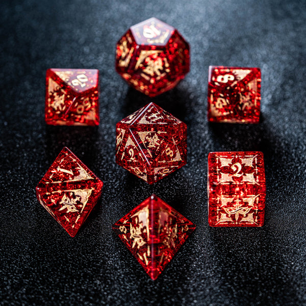 Set di dadi incisi in vetro rosso URWizards Blast stile Assassino
