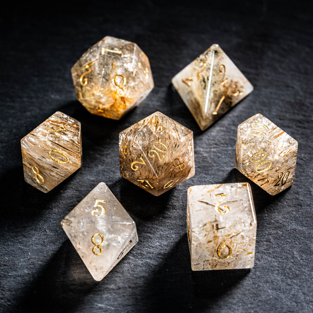 URWizards D&D Golden Rutilated Quartz Gemstone Engraved Dice Set 
